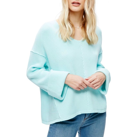 Free People La Brea V-Neck Sky Blue Knit Sweater Large - Picture 4 of 5
